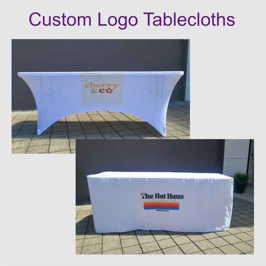 Custom Logo Event Tablecloths ~ Fits on 30x72 inch standard trade show and banquet tables