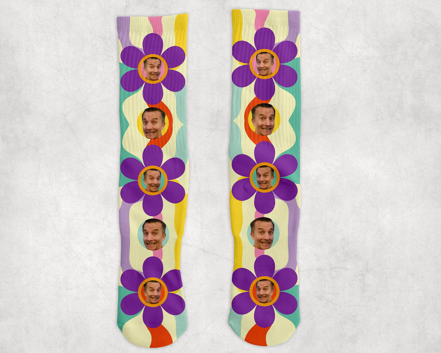 Custom Groovy Retro Vibes + Retro Flowers Face Socks