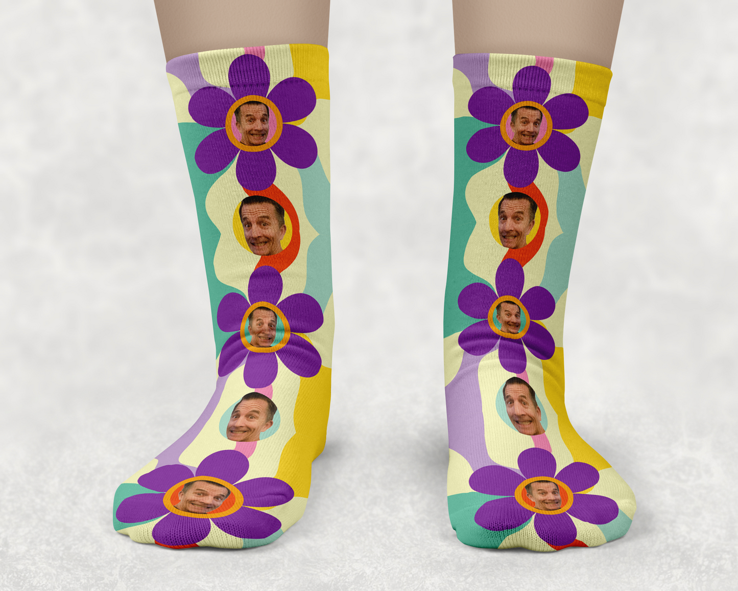 Custom Groovy Retro Vibes + Retro Flowers Face Socks