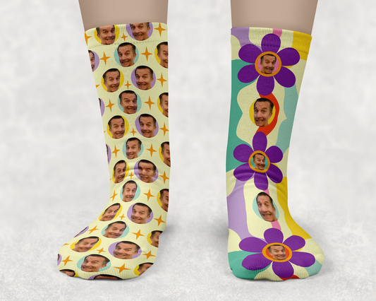 Custom Groovy Retro Vibes + Retro Flowers Face Socks