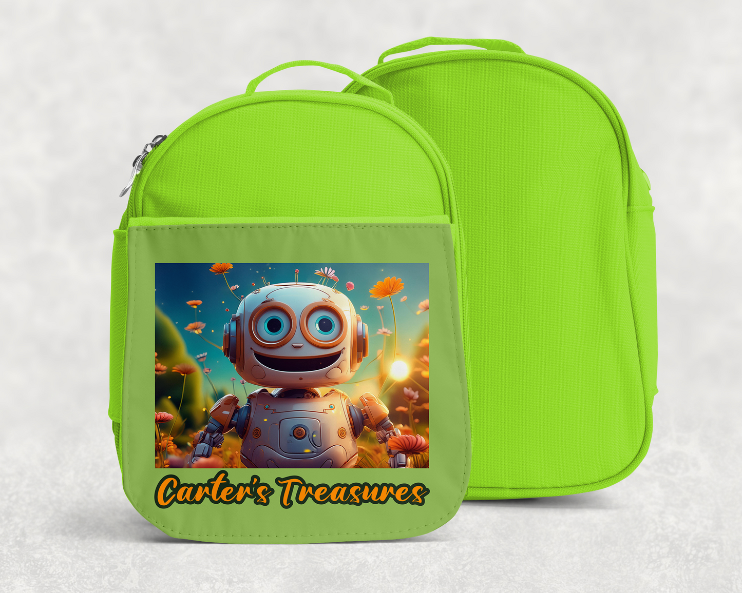 Custom Name Kids Robot Treasure Bag + Lunch Box ~ Soft-sided & Cheery