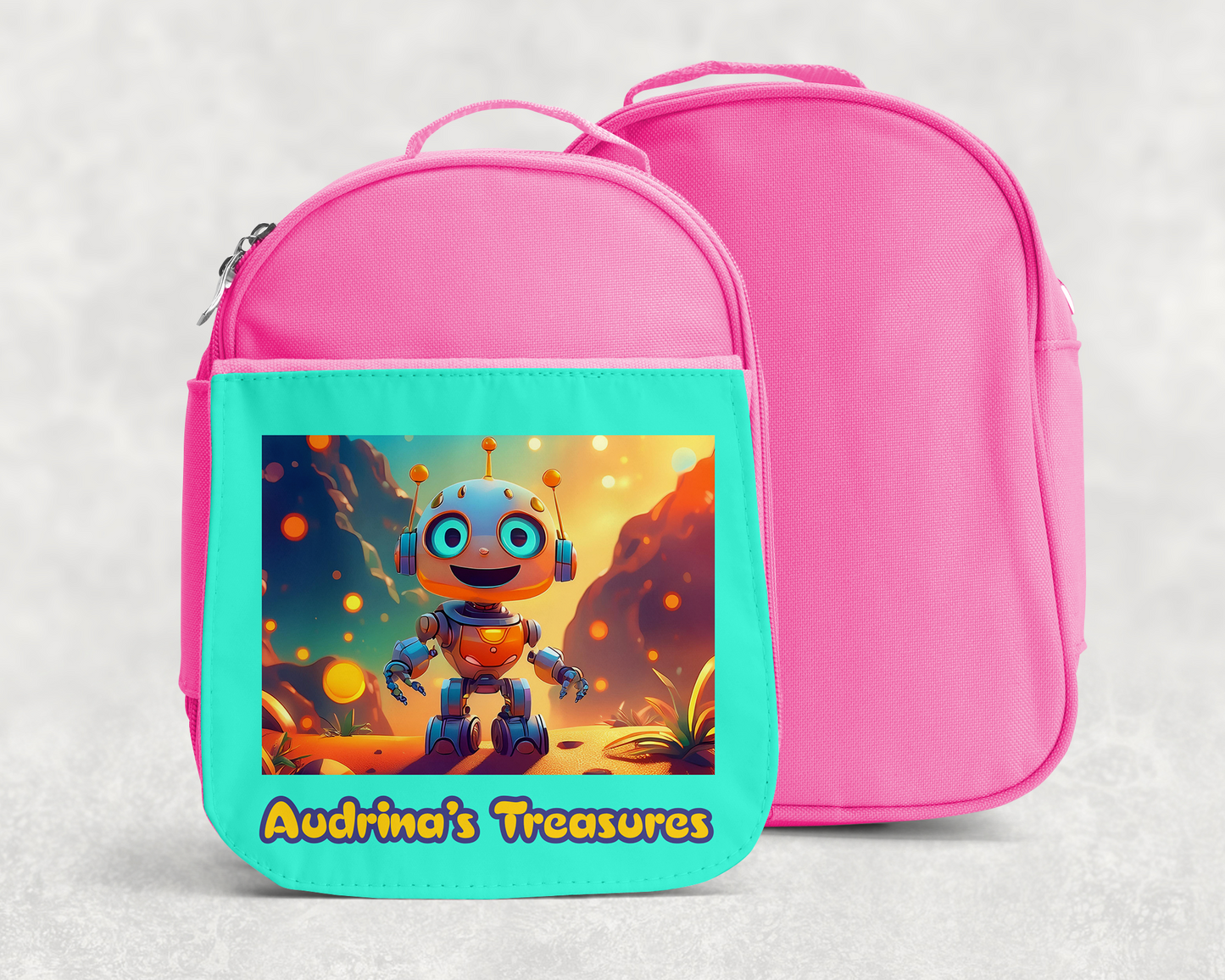 Custom Name Kids Robot Treasure Bag + Lunch Box ~ Soft-sided & Cheery